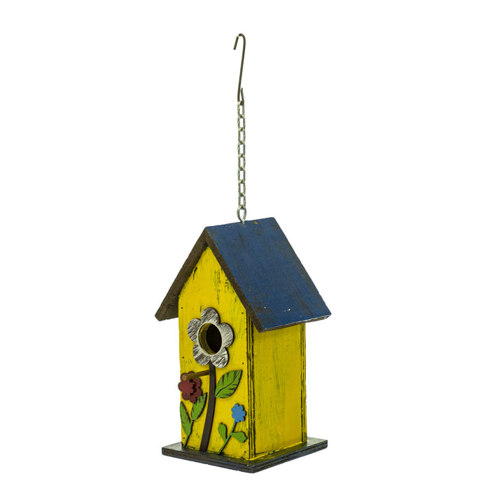 Gracie Oaks Nataliegh Hanging Wood Birdhouse with Flowers Garden Art